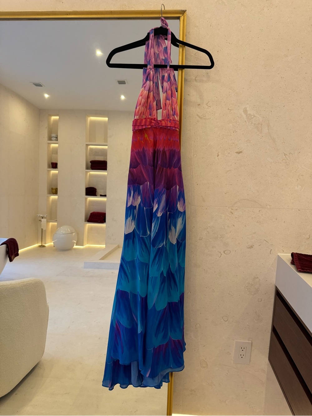 100% mulberry silk Gottex Multicolor Pink Purple Blue Halter Maxi Dress